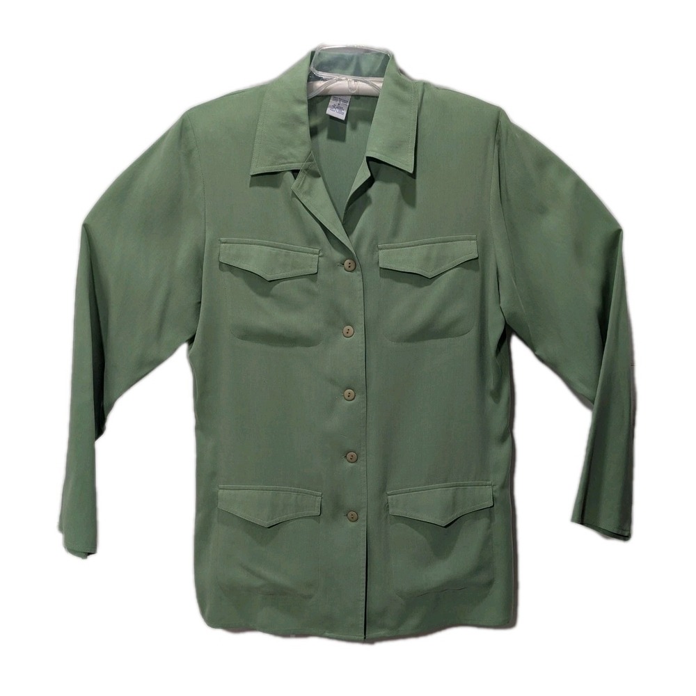Anna & Frank Womens Pure Silk Long Olive Green Blouse Size‎ S Shoulder Pads vtg